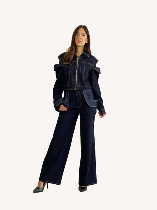 Giacca corta in denim con spalle scoperte
